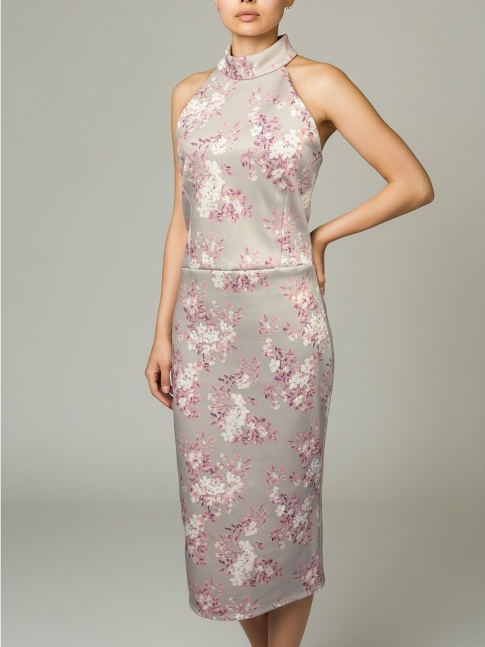 True Violet Floral Halter Midi Dress Light Grey